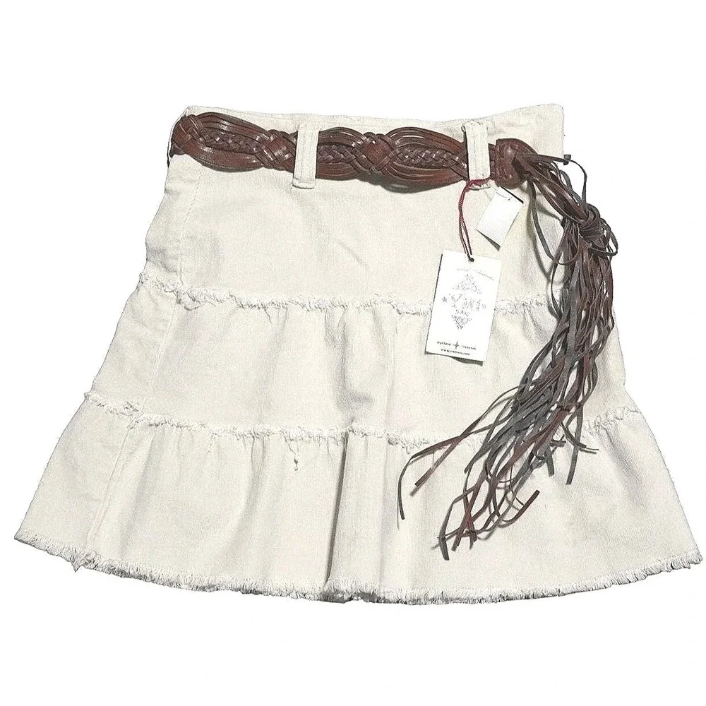 Boho‎ YMI Tiered Mini Skirt Girls Size 14 Off White Corduroy Frayed Hem Belted